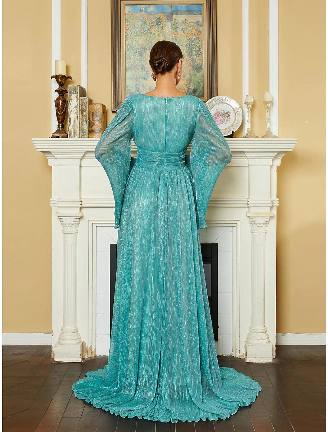 A-Linien-Abendkleid, elegantes Kleid, formelle Schleppe, lange Ärmel, V-Ausschnitt, Pailletten mit Glitzerfalten